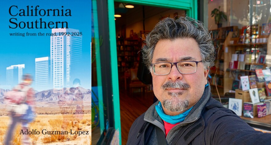 Poet and co-founder of the Taco Shop Poets Adolfo Guzman-Lopez is shown alongside his book, "California Southern."