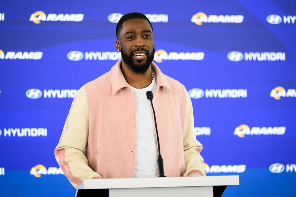 Rams cornerback Jaylen Watson speaks during his introductory news conference in Woodland Hills on Thursday.