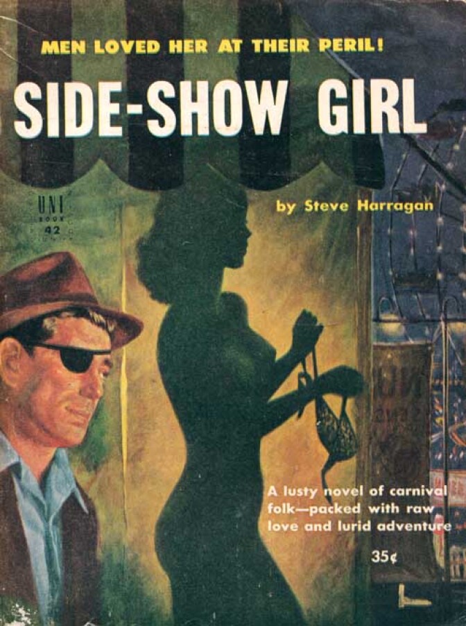 The cover of an old pulp-fiction paperback featuring a man in an eyepatch and the shadow of a woman removing her bra.