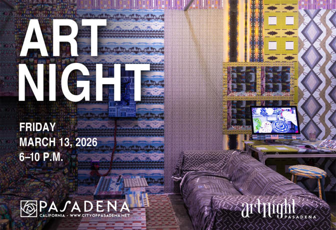 A purple-covered room with two couches, with text reading "Art Night"