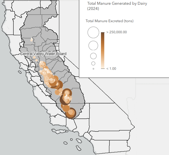 A map of manure generated by California dairies