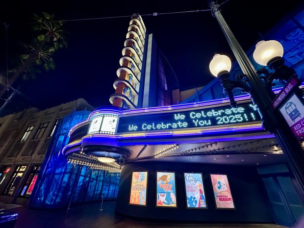 The Disney Animation Building marquee congratulates honorees during the Celebrate You service celebration at Disney California Adventure. (Photo by Brady MacDonald, Orange County Register/SCNG)