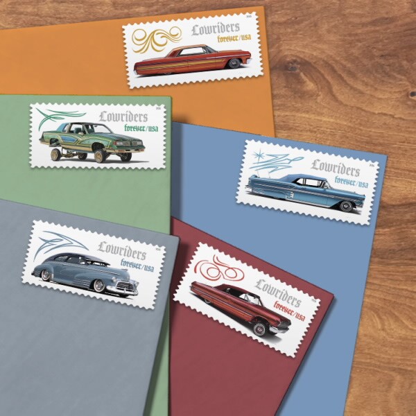 An undated photo of the Lowrider forever stamps from the United States Postal Service.