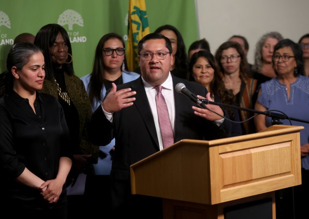 State Senator Jesse Arreguín speaks during a press conference at City Hall in Oakland, Calif., on Thursday, Oct. 23, 2025. The conference addressed the arrival of Customs and Border Protection (CBP) officers to Coast Guard Island in Alameda. (Jane Tyska/Bay Area News Group)