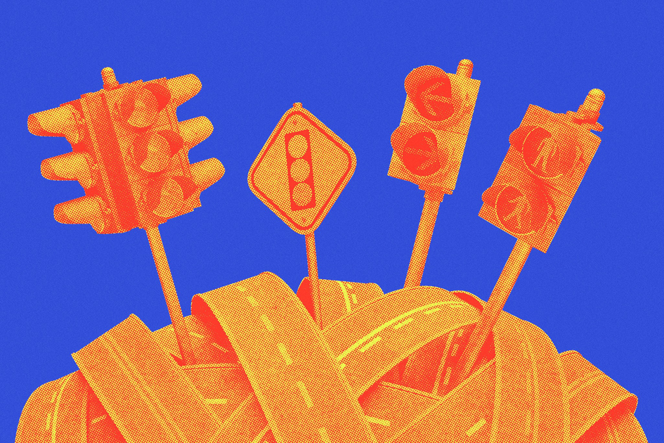 Four traffic lights and one traffic sign with a traffic light symbol emerge from a tangled pile of roads against a blue background.