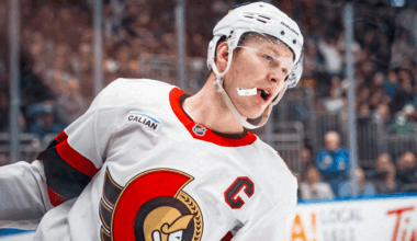Brady Tkachuk (7) celebrates his goal against the Vancouver Canucks in the third period at Rogers Arena.