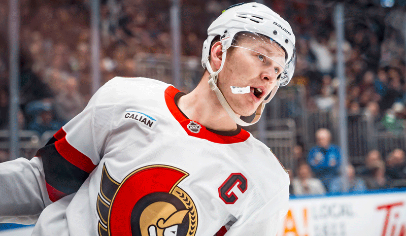 Brady Tkachuk (7) celebrates his goal against the Vancouver Canucks in the third period at Rogers Arena.