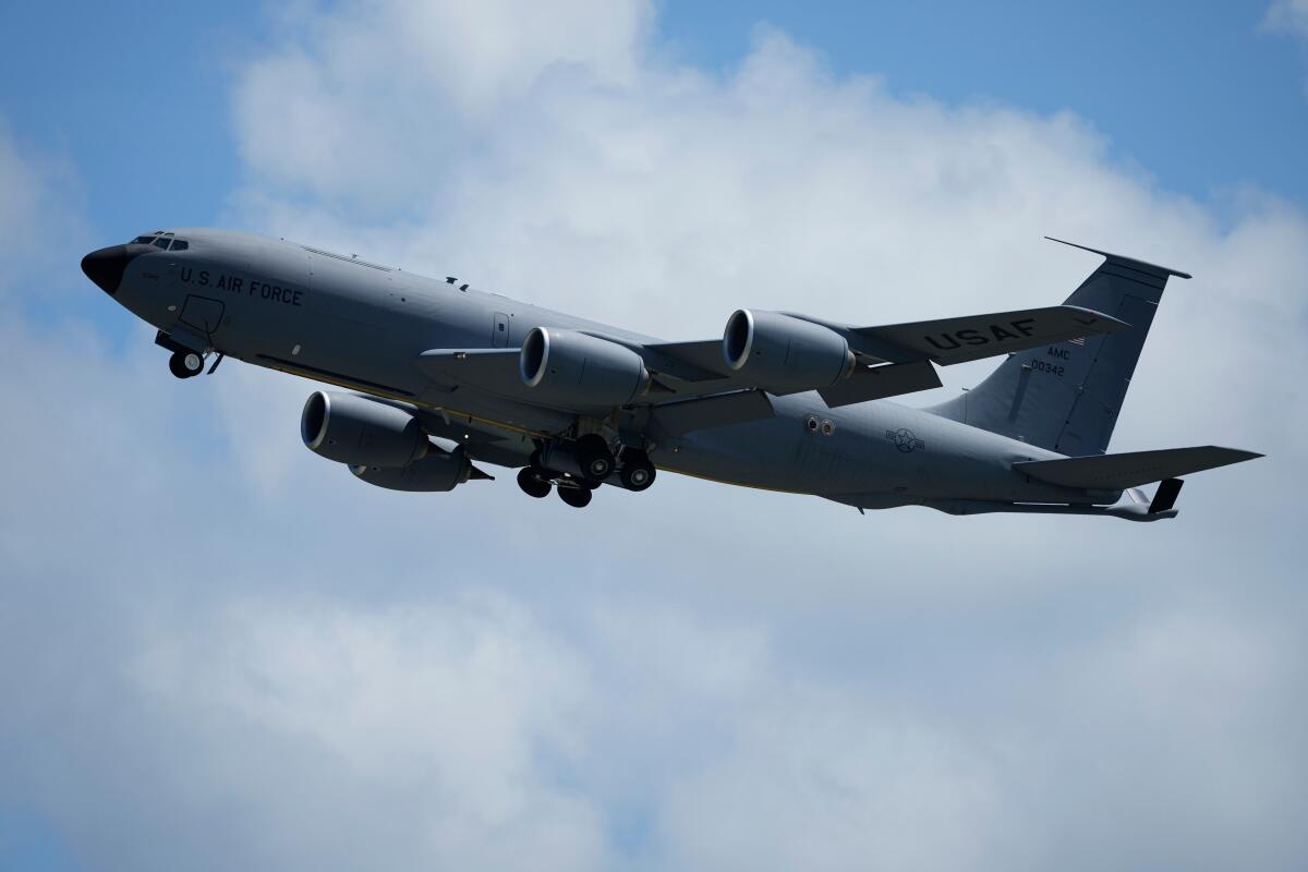 A U.S. Air Force KC-135 Stratotanker refueling tanker aircraft takes off.