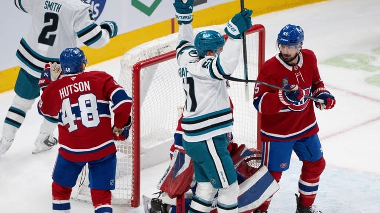 San Jose Sharks' Collin Graf (51) celebrates his goal in...
