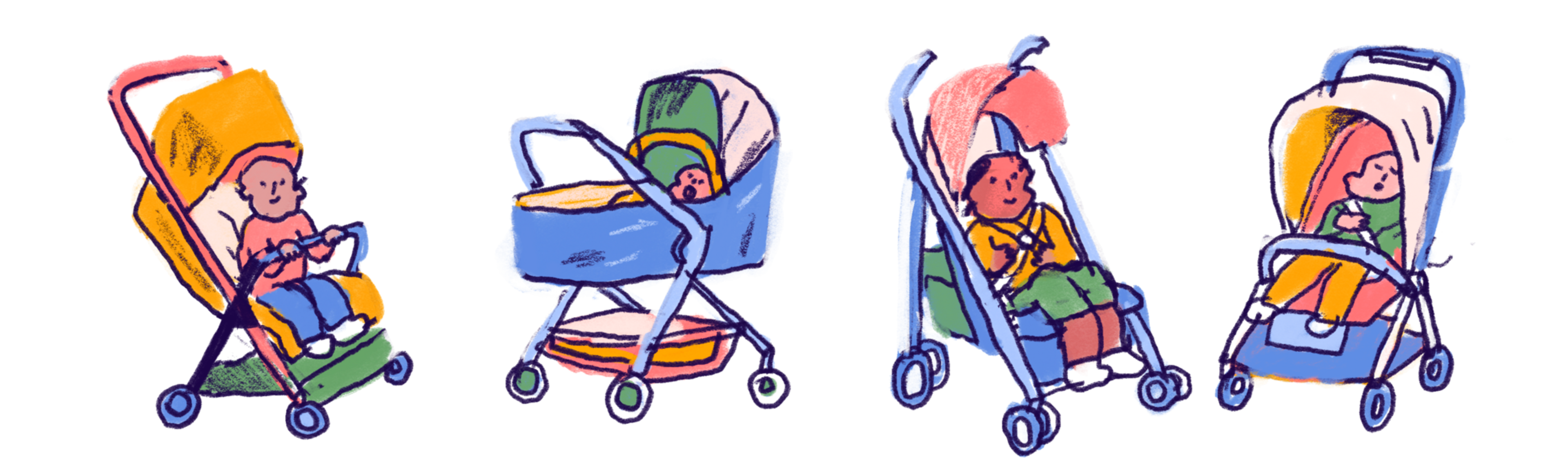 Four colorful baby strollers each with a baby inside, varying in design and color, showing different seating and reclining styles.