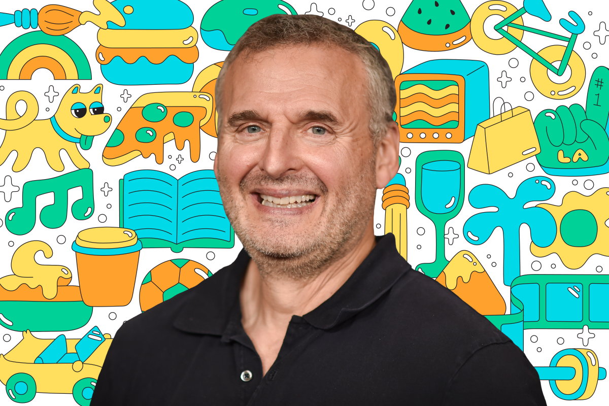 Photo of a person on a background of colorful illustrations like a book, dog, pizza, TV, shopping bag, and more