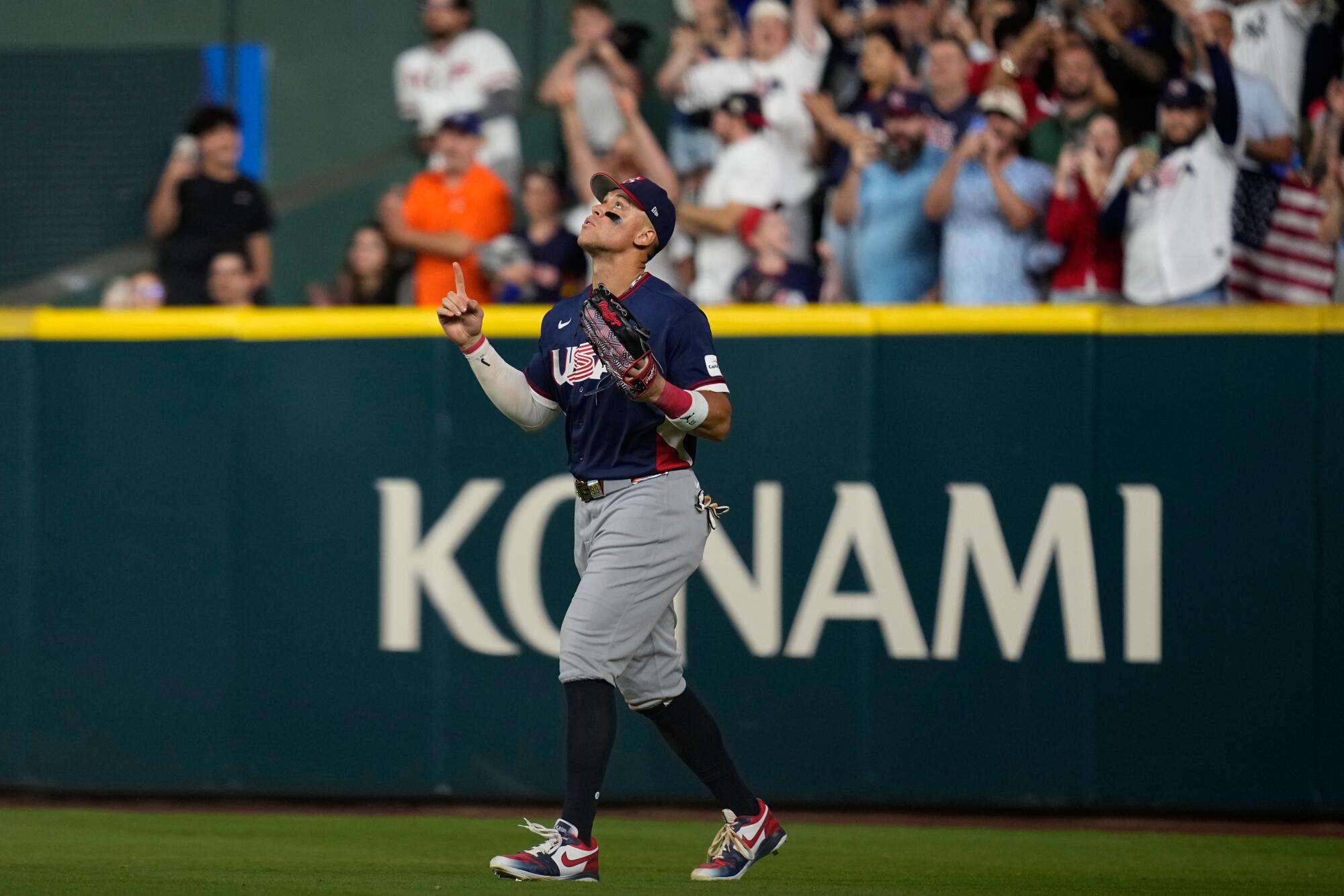 American right fielder Aaron Judge celebrates his team's win over Canada during a World Baseball Classic quarterfinal.