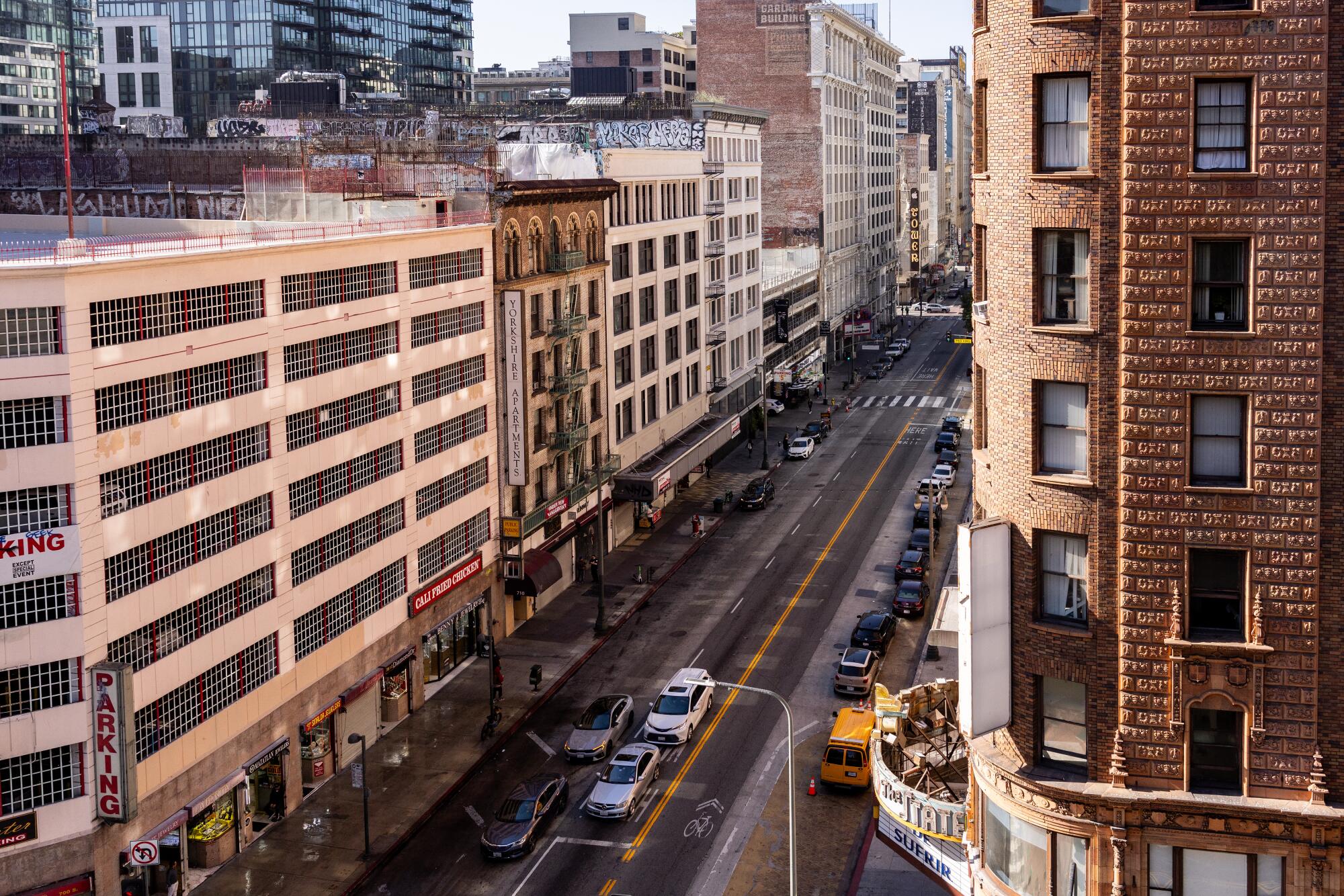 Looking down Broadway from its intersection with 7th Street in downtown in Los Angeles.