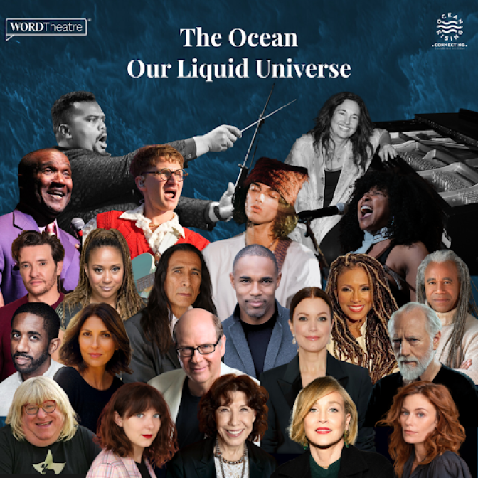 A poster that reads "The Ocean Our Liquid Universe" above an assortment of actors.