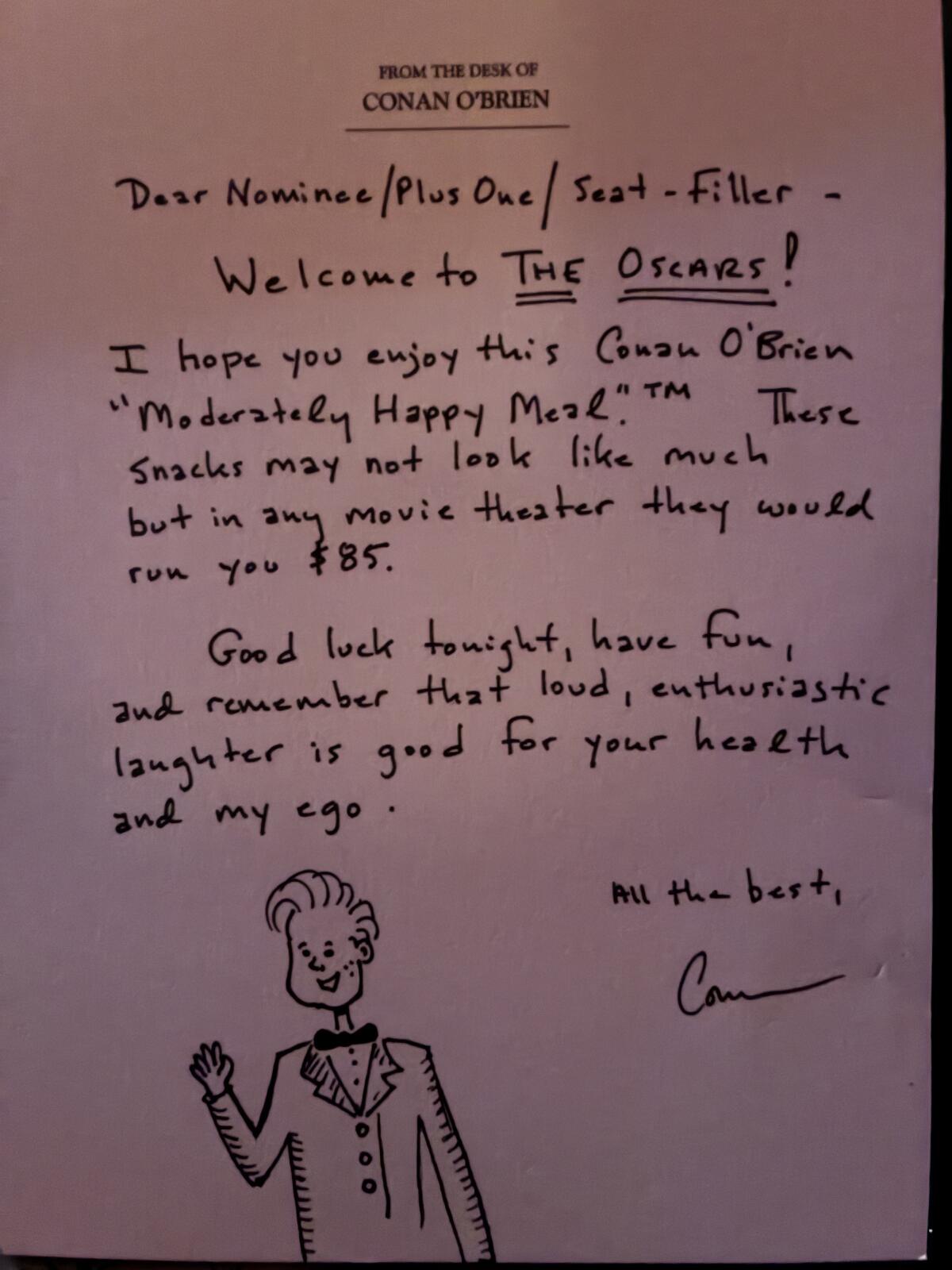 A note from Conan O’Brien left for attendees in snack boxes.