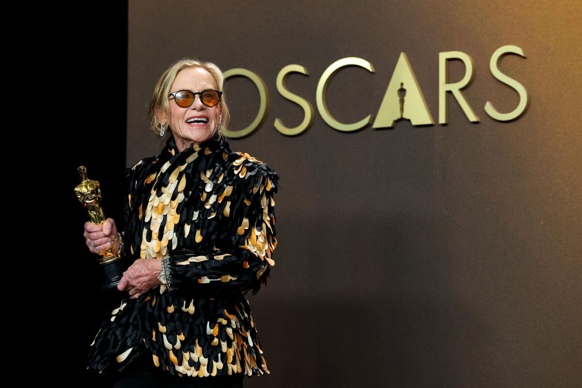 Amy Madigan after winning the Oscar for supporting actress for "Weapons."