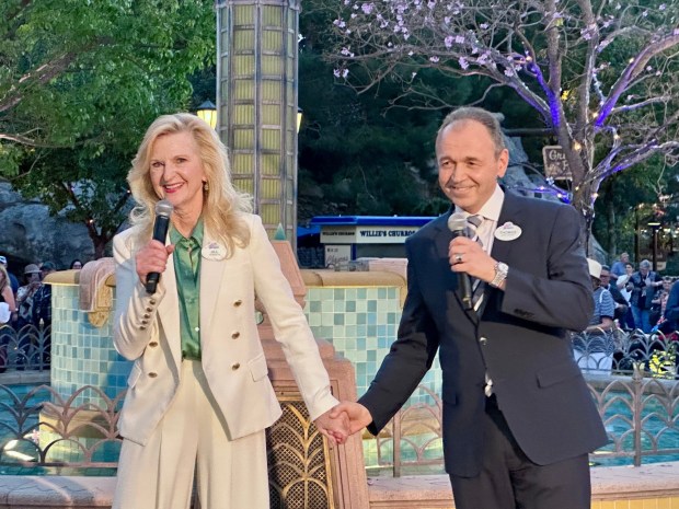 Incoming Disneyland Resort President Jill Estorino, left, and outgoing president Thomas Mazloum welcome honorees during the Celebrate You service celebration at Disney California Adventure. (Photo by Brady MacDonald, Orange County Register/SCNG)