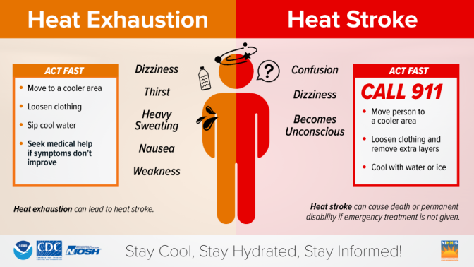 A graphic shows the symptoms of heat exhaustion and heat illness, including dizziness, sweating, nausea, confusion and losing consciousness.