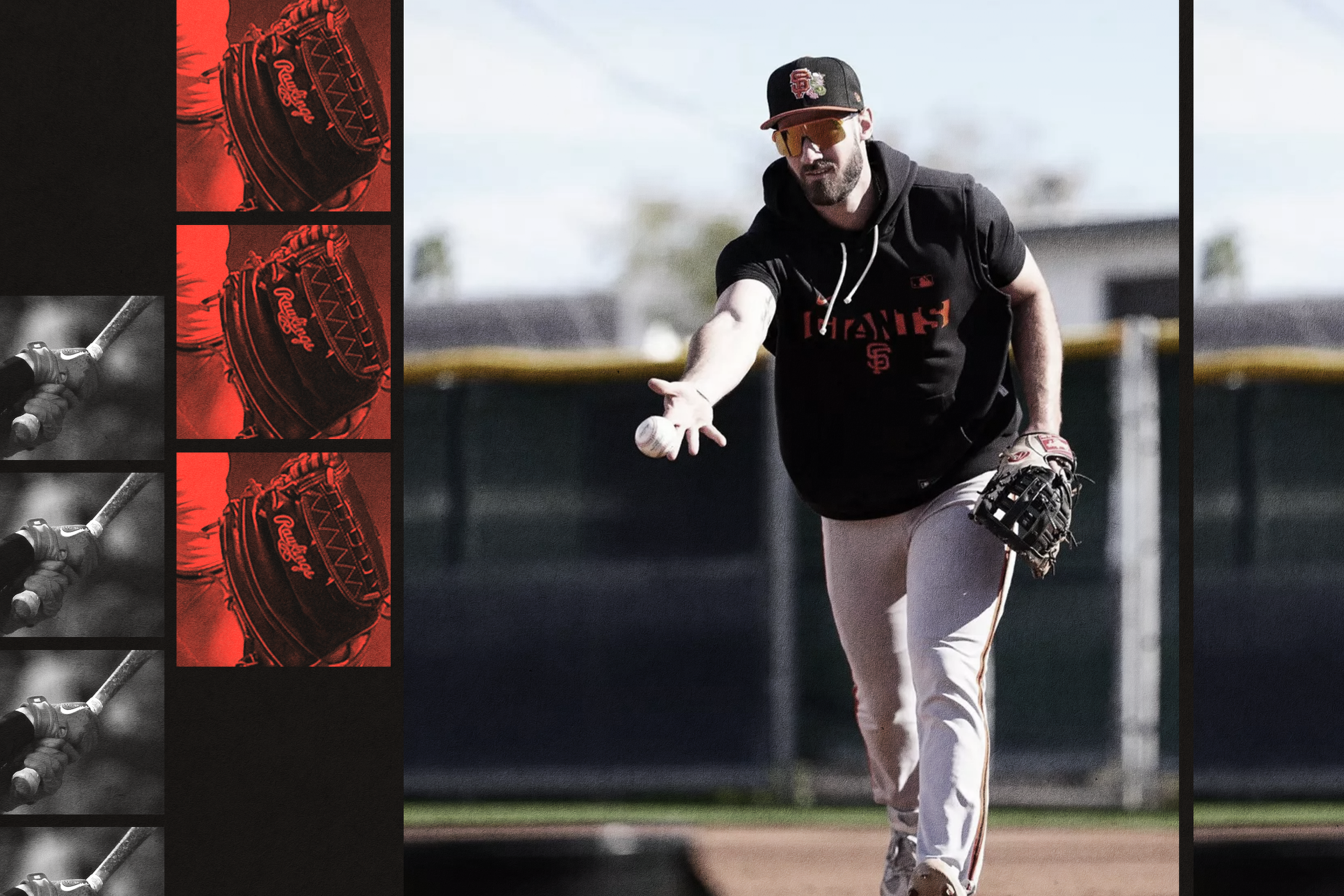 A man wearing a black Giants hoodie and cap, sunglasses, and a baseball glove is throwing a baseball on a field with a blurred background.