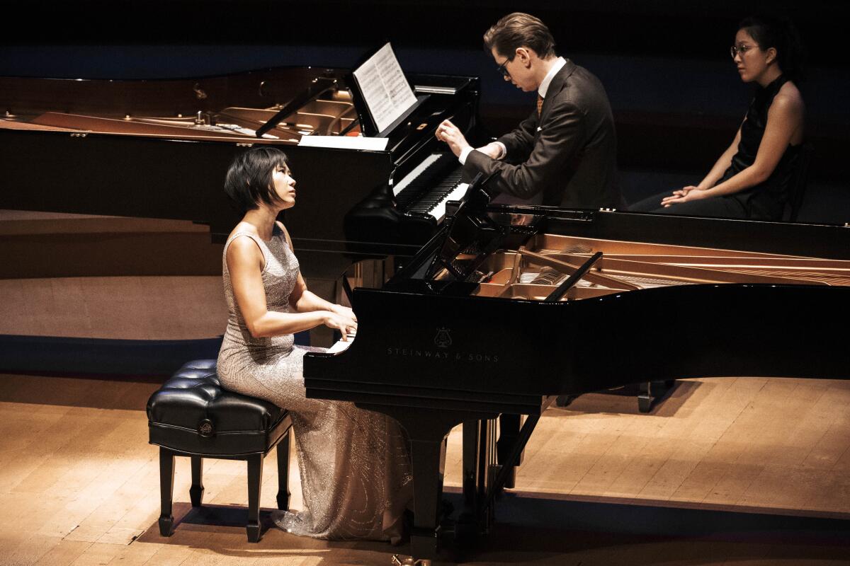 Yuja Wang and Vikingur Olafsson perform at Walt Disney Concert Hall in February 2025. 