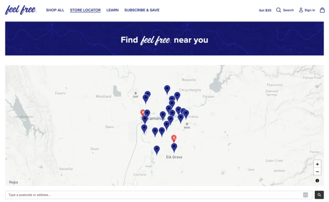 A screenshot of a webpage showing a gray map and blue anchor points. A banner at the top reads "Find Feel Free near you."
