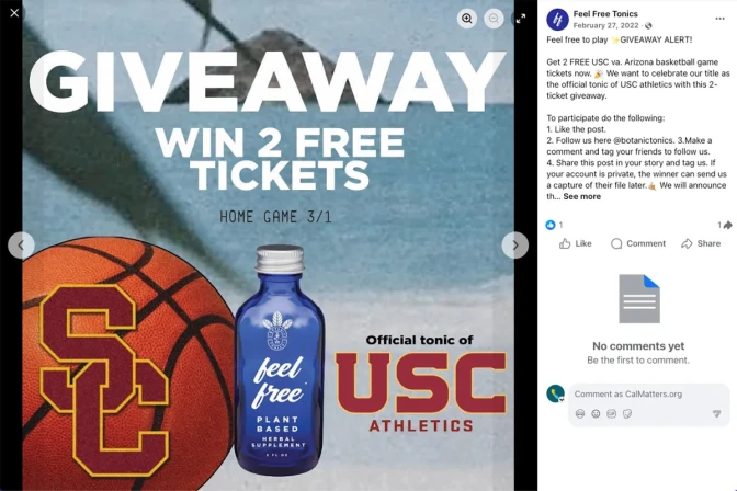 A screenshot of a webpage with a post on the left side of a basketball with "SC" on top of it next to a Feel Free blue bottle. Text above and around it read "Giveaway. Win 2 free tickets. Home game 3/1. Official tonic of USC Athletics." More text on the side of the post provides more details.