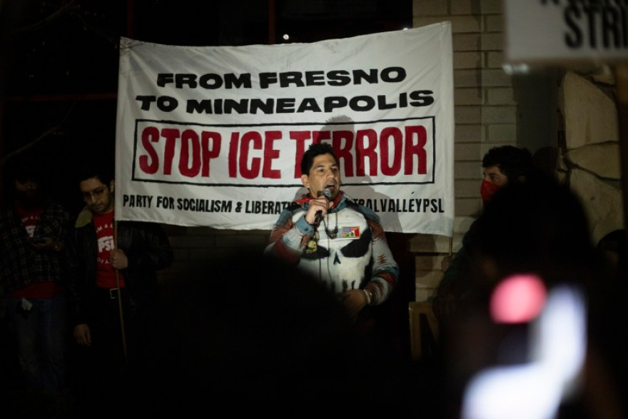 Alfred Aldrete addresses a crowd of protesters in front of a federal immigration office in downtown Fresno on Jan. 30, 2026. The march is part of a nationwide shutdown against federal immigration raids. Photo by Larry Valenzuela for CalMatters