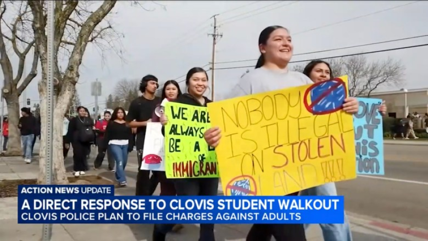 Students from the Clovis Unified School District walk out of class on Feb. 10, 2026, as part of a nationwide protest against federal immigration raids.
