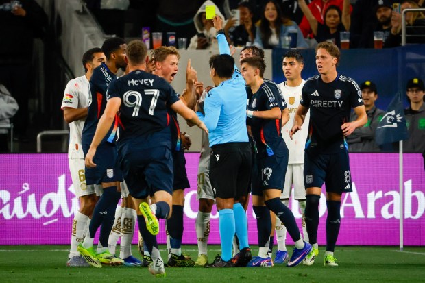 Jeppe Tverskov #6 of San Diego FC reacts as referee Walter Lopez issues a yellow card during their first half against Toluca at Snapdragon Stadium on March 11, 2026 in San Diego, California. (Photo by Meg McLaughlin/Getty Images)