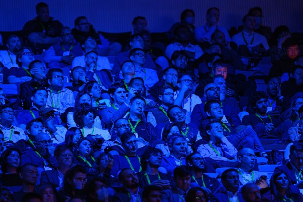 Audience members watch as NVIDIA CEO Jensen Huang gives the keynote address at the NVIDIA GTC 2026 at the SAP Center in San Jose, Calif., on Monday, March 16, 2025. (Jose Carlos Fajardo/Bay Area News Group)