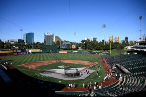 SACRAMENTO, CALIFORNIA - AUGUST 01: A general view of Sutter Health Park before a game between the Athletics and the Arizona Diamondbacks at Sutter Health Park on August 01, 2025 in Sacramento, California. (Photo by Thien-An Truong/Getty Images)
