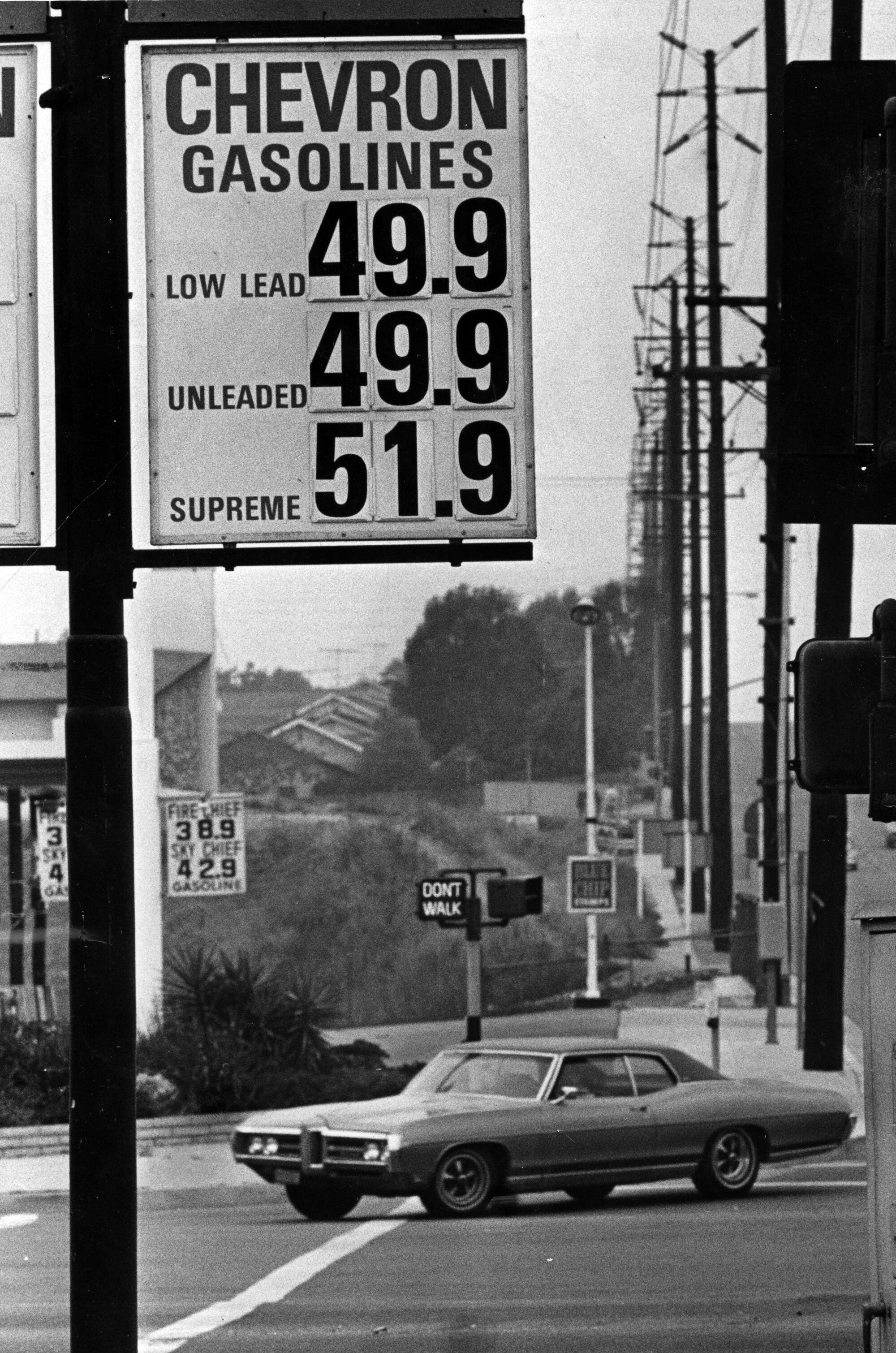 A Chevron gas station in La Habra posts prices around 50 cents per gallon in 1973.