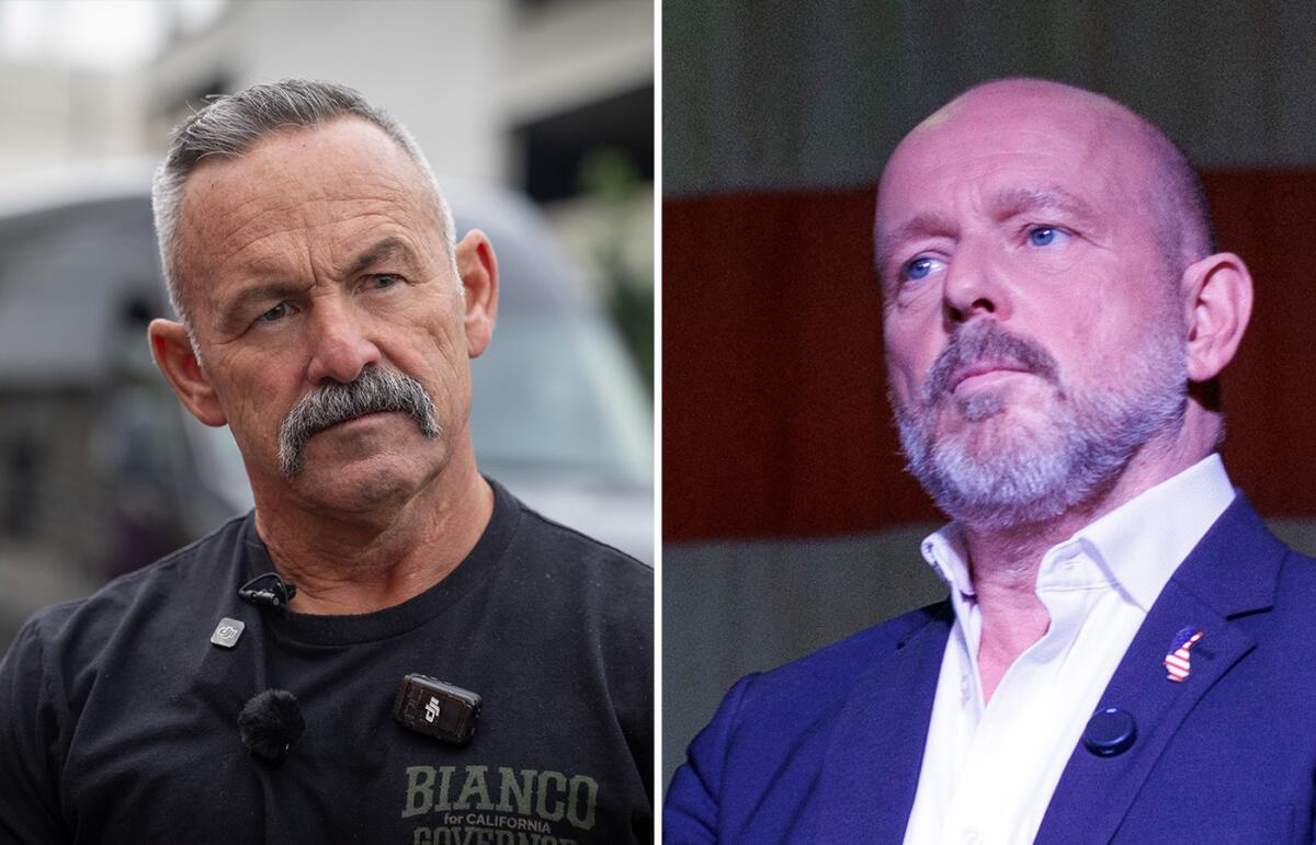 Photos of two men, one with a gray mustache and in dark clothes, the other with a cleanshaven head and gray beard, in a suit