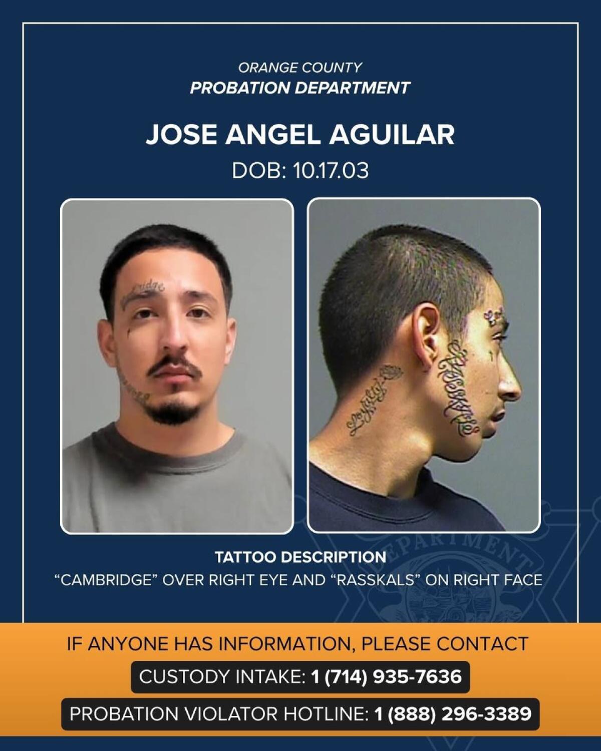 Jose Angel Aguilar allegedly cut off his ankle monitor and walked away from a probation program in Orange County. 