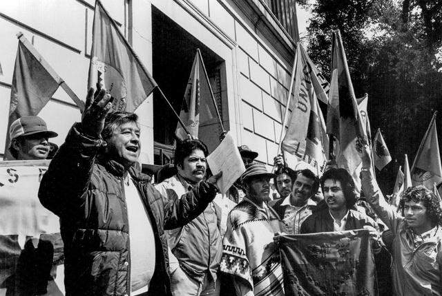 Labor leader Cesar Chavez, joined by UFW members, speaks in Sacramento in front of State Office Building No. 1 in March 1983.