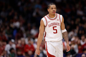 NASHVILLE, TENNESSEE - MARCH 15: Darius Acuff Jr. #5 of the Arkansas Razorbacks looks on in the second half against the Vanderbilt Commodores of 2026 SEC Men's Basketball Tournament Championship game at Bridgestone Arena on March 15, 2026 in Nashville, Tennessee. (Photo by Johnnie Izquierdo/Getty Images) Sacramento Kings