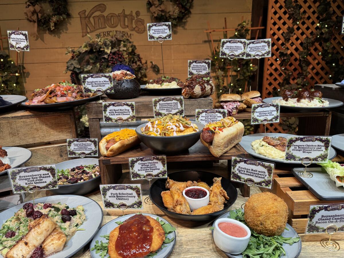 An array of boysenberry-flavored foods on display at Knott's Berry Farm.