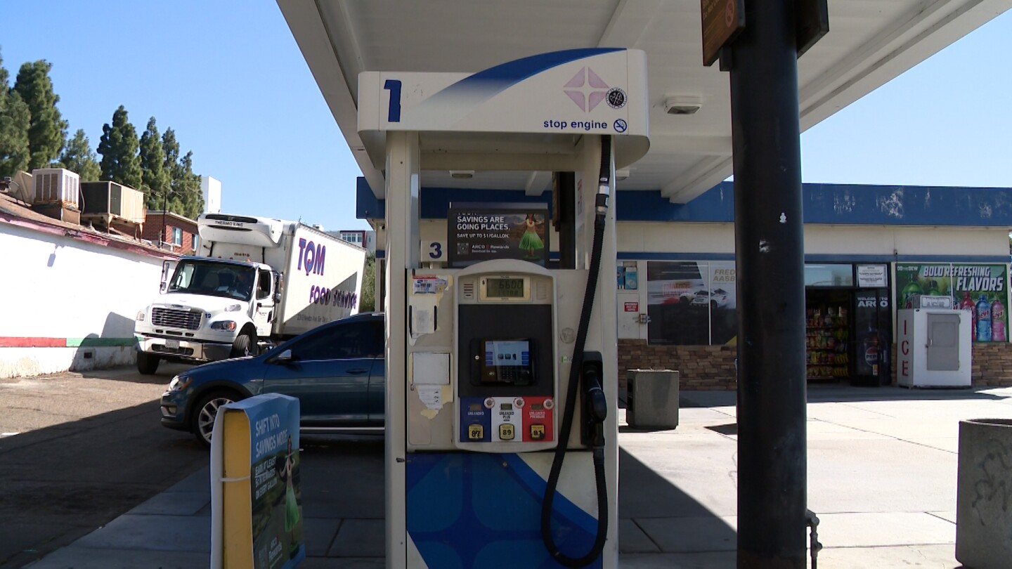 A gas pump is shown at a gas station in the College Area on March 19, 2026.