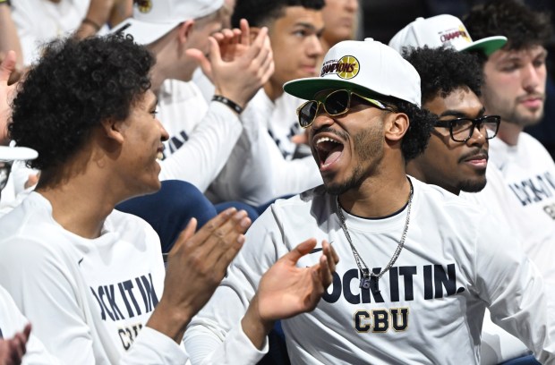California Baptist University men's player Dominique Daniels Jr. reacts during a watch party for the bracket reveals, on their first NCAA Division I March Madness appearance, inside the Fowler Events Center on Sunday, March 15, 2026. (Photo by Milka Soko, Contributing Photographer)