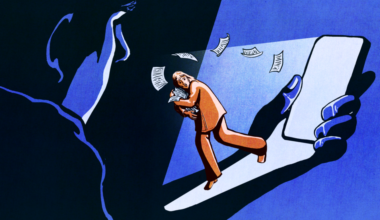 A large hand holding a smartphone shines light on a worried woman protecting two children, with a dark figure staring at them from the shadows.