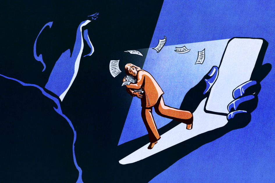 A large hand holding a smartphone shines light on a worried woman protecting two children, with a dark figure staring at them from the shadows.