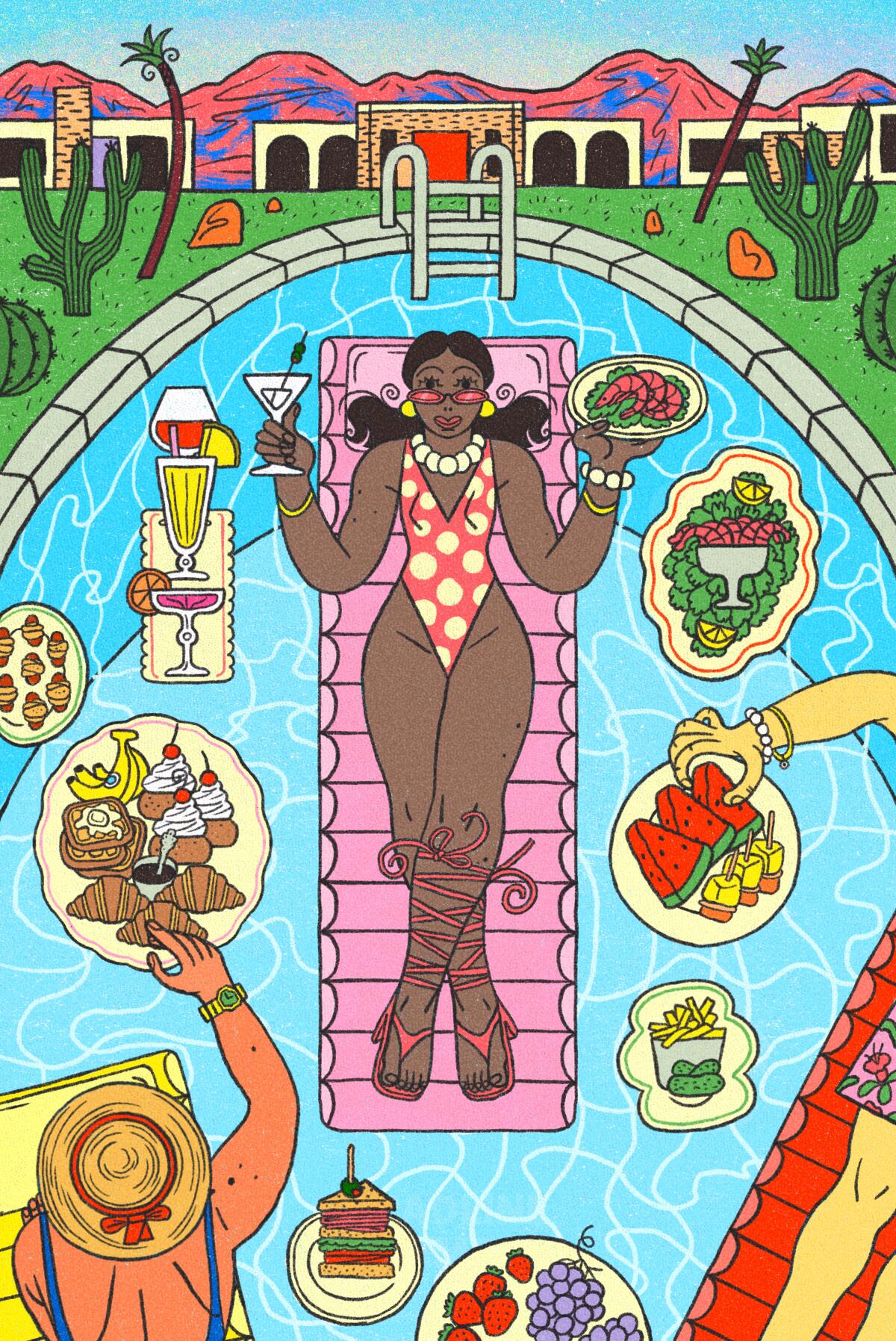 An illustration of a woman floating in a pool with food dishes