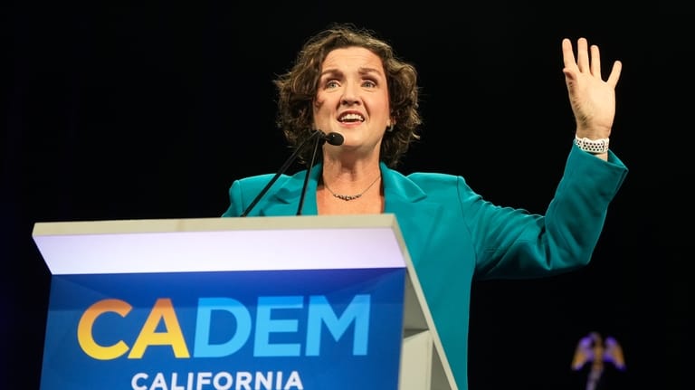 California gubernatorial candidate Katie Porter speaks at the 2026 California...