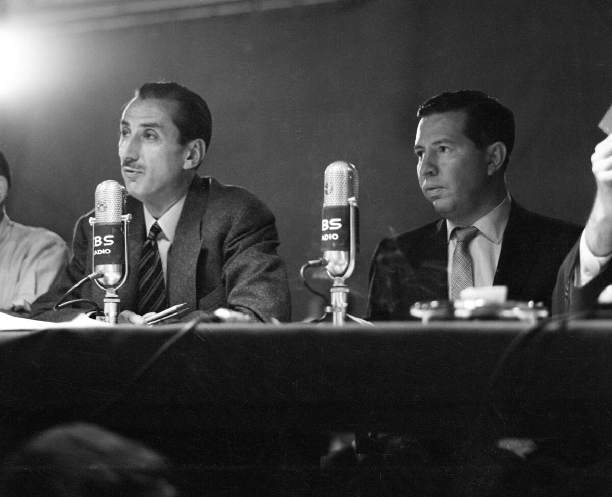 CBS News anchors Robert Trout and Douglas Edwards in 1956.