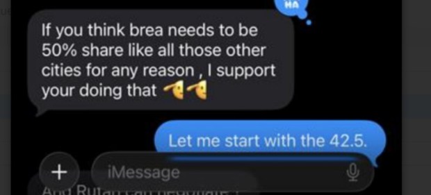 Screenshot of texts between developer Dwight Manley (black) and Brea Assistant City Manager Jason Killebrew (blue)