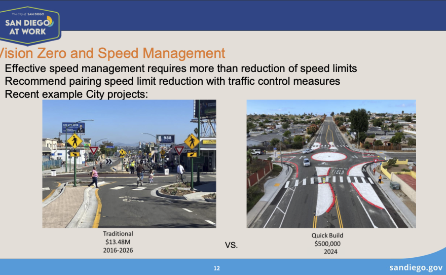 A slide from a city staff presentation on Monday, Mar 16, 2026 showing the difference between traditional and quick build traffic calming infrastructure. Traditional costs $13.48 million dollars with a 10-year construction time. Quick build cost $500,000 and was built in one year. 