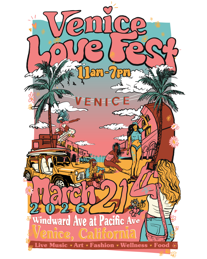 A colorful poster reading "Venice Love Fest" with illustrations of palm trees and people on the beach. 