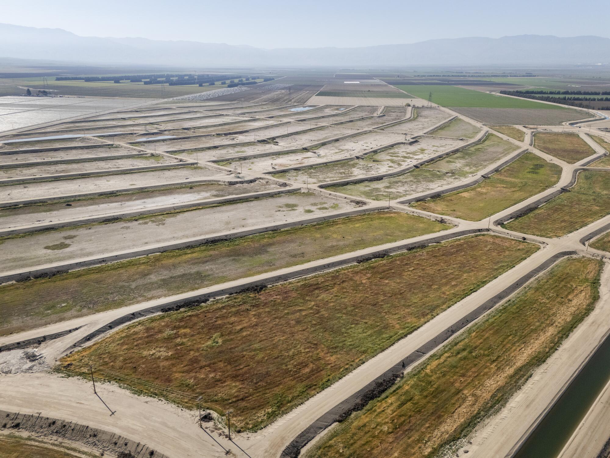 An aerial view of ponds at Tejon Spreading Works, which was built in the 1960s to take in water from the Friant-Kern Canal.