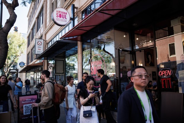 People walk by restaurants in San Jose's SoFA district on the last day of the Nvidia GTC 2026 conference at the San Jose McEnery Convention Center in San Jose, Calif., on Thursday, March 19, 2026. (Dai Sugano/Bay Area News Group)
