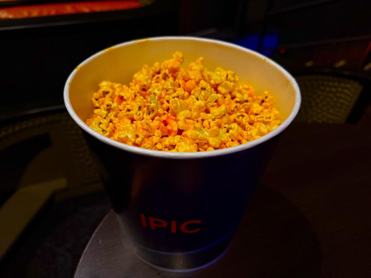 A bucket of cheese popcorn from the iPic theater in Pasadena.